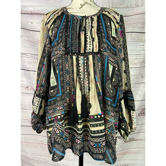 Democracy Tassel Tie Neck Tunic Top Womens M Mesh Panel Pleat Boho Peasant Flowy - Picture 1 of 11